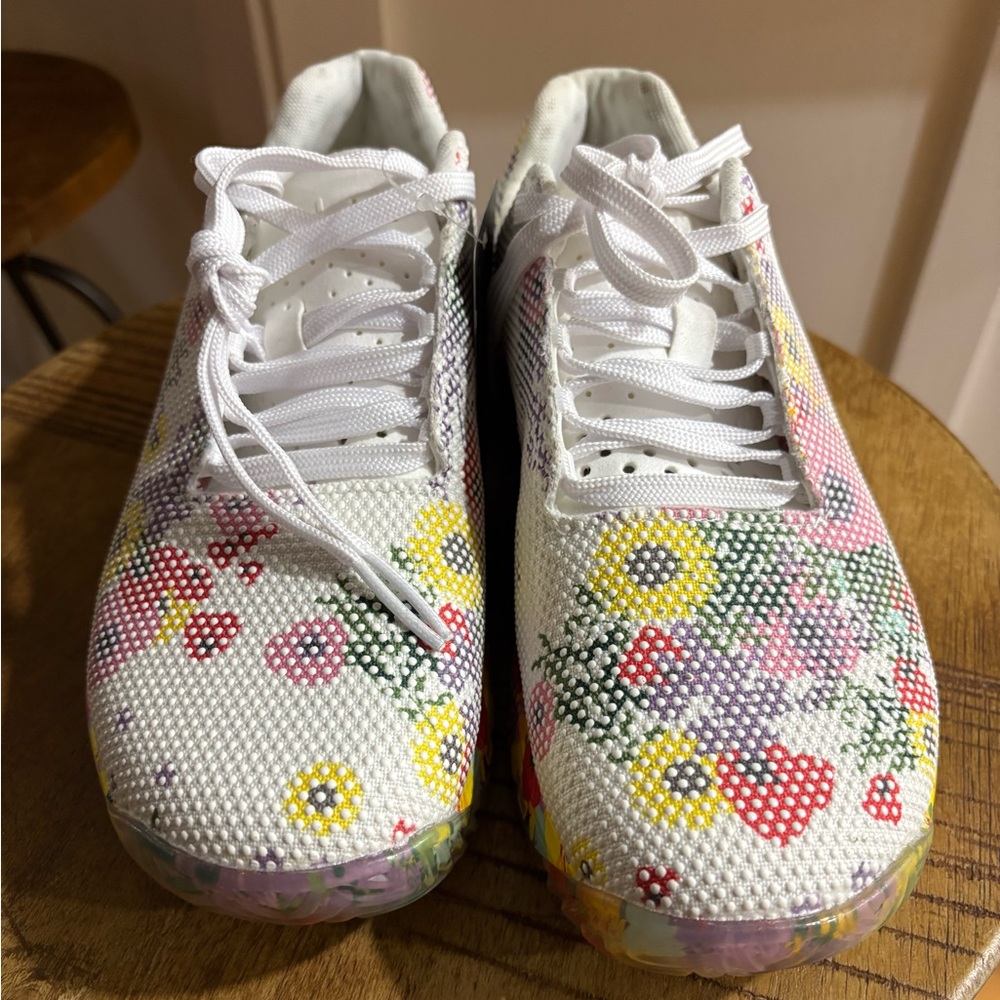 NOBULL White Floral Knit Sneakers with Yellow, Pink, Red & Green Accents